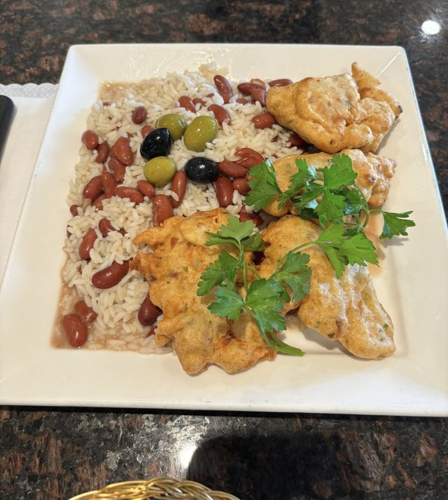Codfish fritters with rice & beans at Churrasqueira Ribatejo